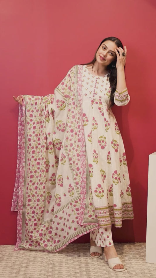 Embroidered Soft Cotton Butta Anarkali White Kurta