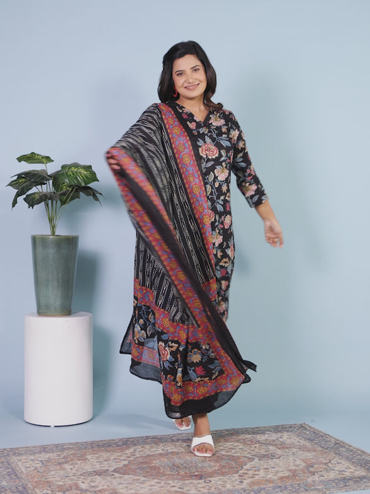 Soft Cotton Floral Straight Black Kurta