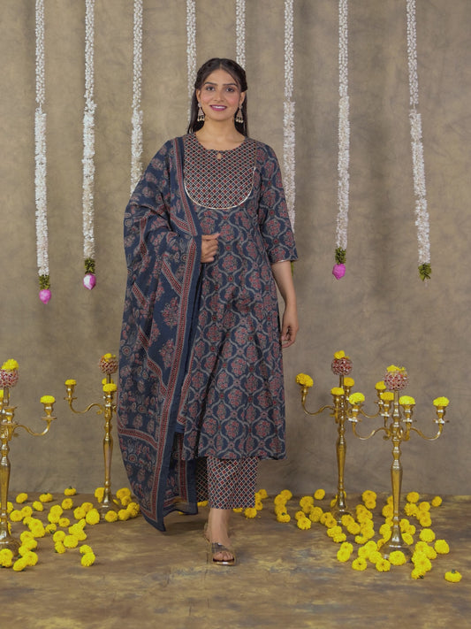 Embroidered Soft Cotton Geometric Anarkali Blue Kurta