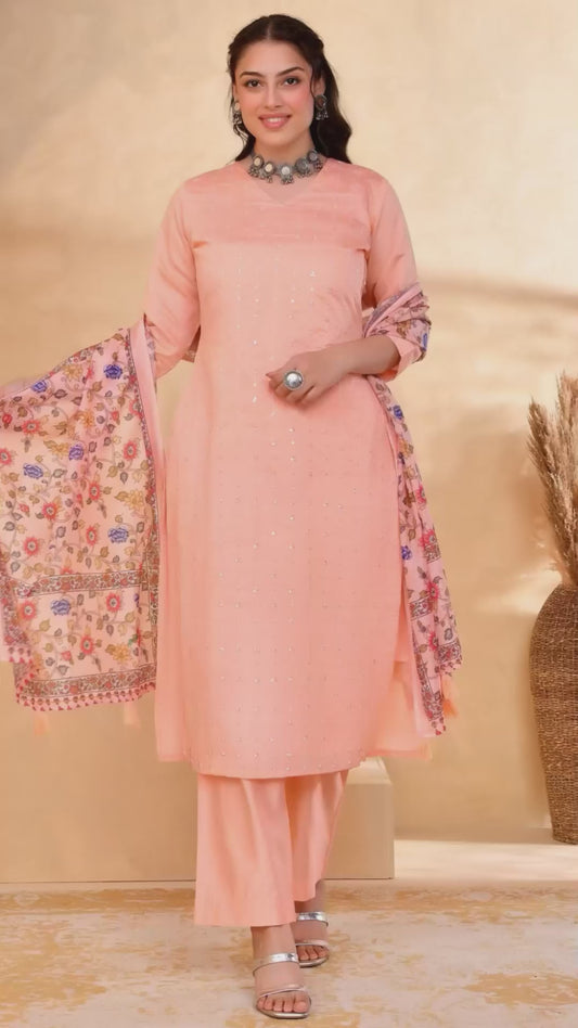 Embroidered Chanderi Solid Straight Peach Kurta