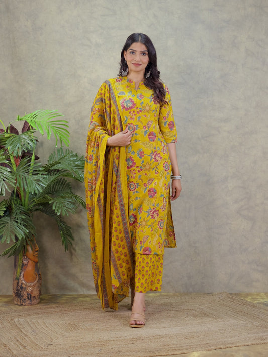 Soft Cotton Floral Straight Yellow Kurta