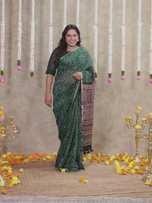 Chanderi Bandhani Emerald Green Saree