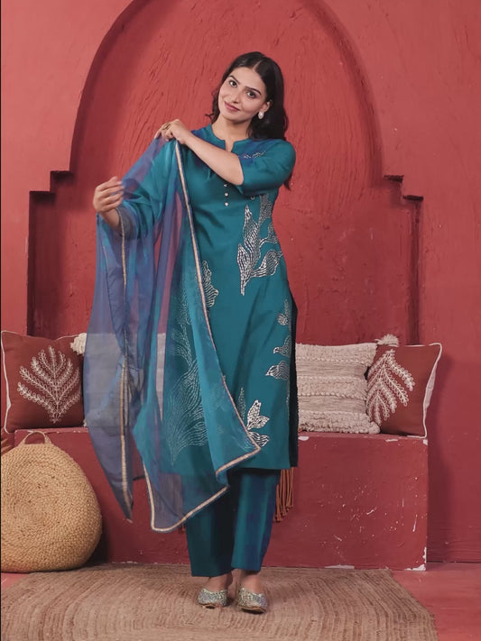 Chanderi Placement Print Straight Teal Kurta