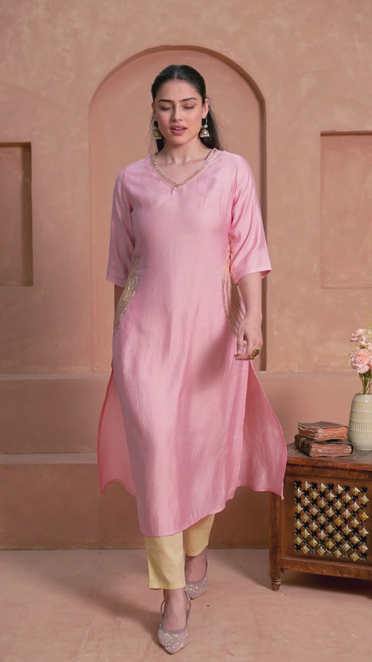 Embroidered Blended Silk Solid Straight Pink Kurta