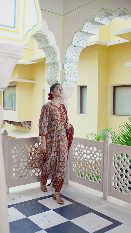 Soft Cotton Floral Straight Red Kurta