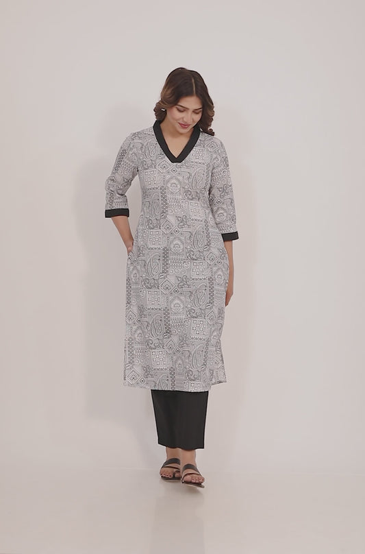 Soft Cotton Patchwork Straight Black Kurta