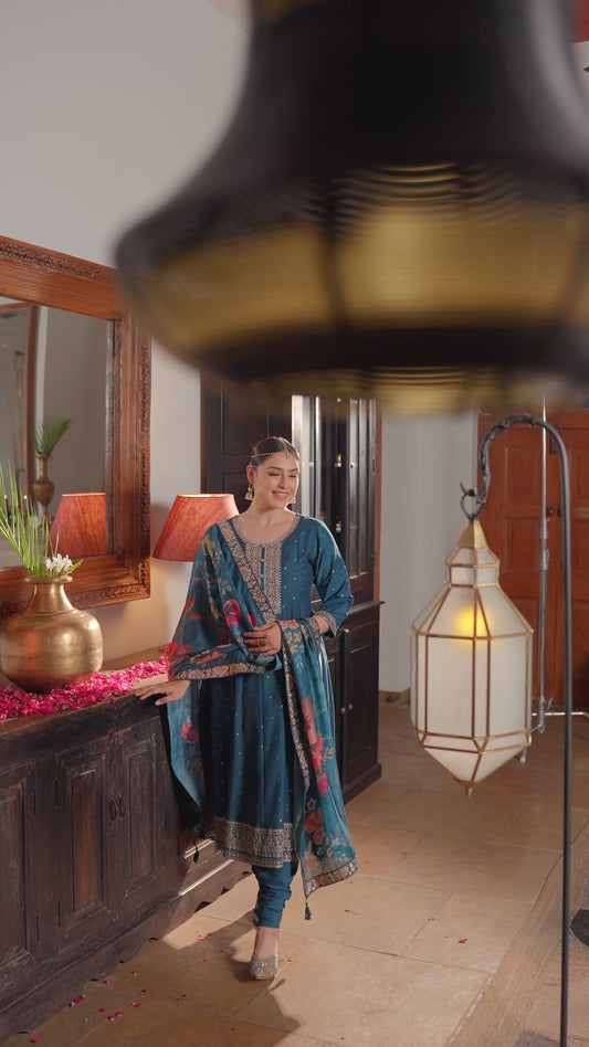 Embroidered Chiffon Gold Foil Straight Teal Kurta