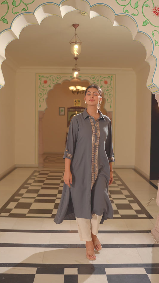 Embroidered Linen Cotton Solid Flared Grey Kurta