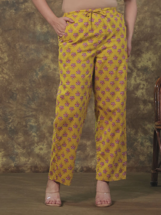 Soft Cotton Floral Yellow Straight Trousers