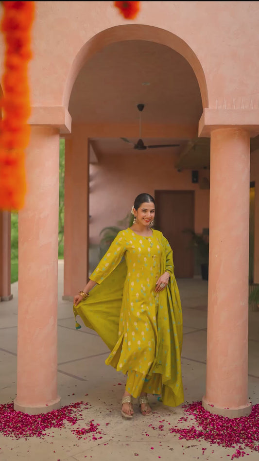 Chanderi Geometric A-line Lime Green Kurta