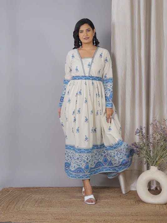 Soft Cotton Floral Anarkali Off White Dress