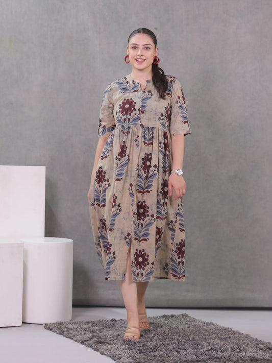 Soft Cotton Floral Flared Grey Dress