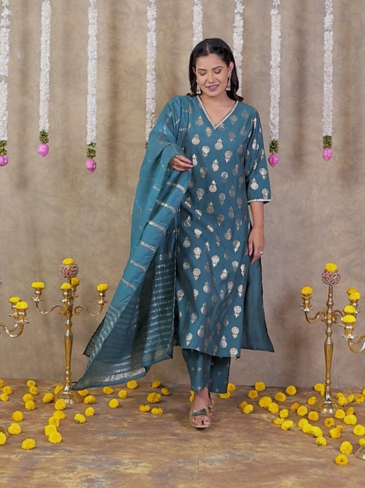 Embroidered Romen silk Gold foil Straight Blue Kurta