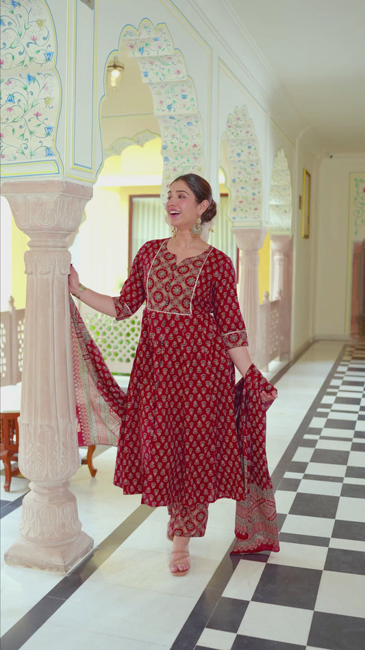 Soft Cotton Ajrakh Flared Red Kurta