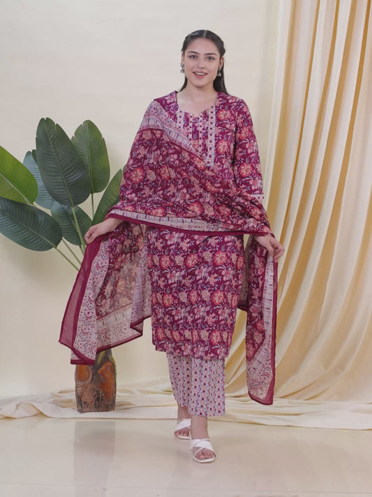 Soft Cotton Floral Straight Wine Kurta