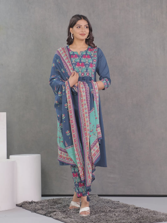 Soft Cotton Solid Flared Blue Kurta