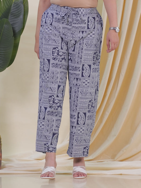 Soft Cotton Placement Print Blue Straight Trousers