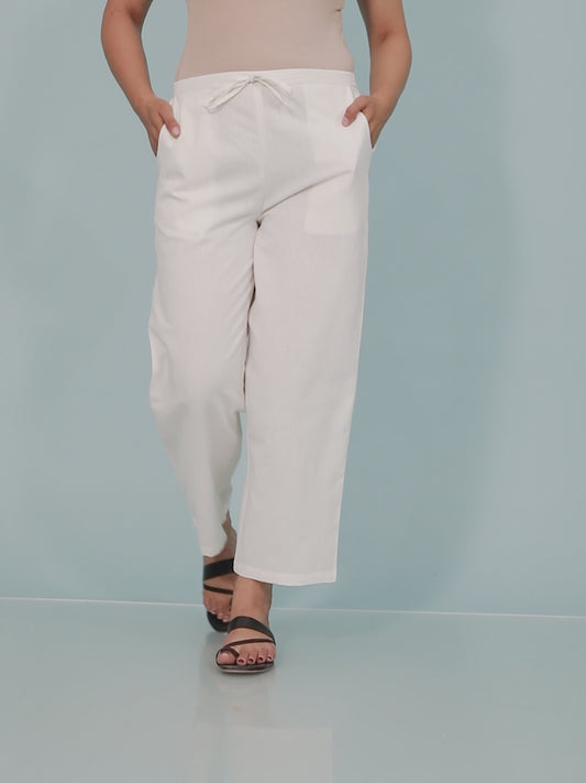 Linen Cotton Solid Off White Straight Trousers