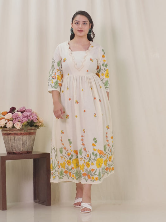 Embroidered Linen Cotton Placement Print Flared Off White Dress