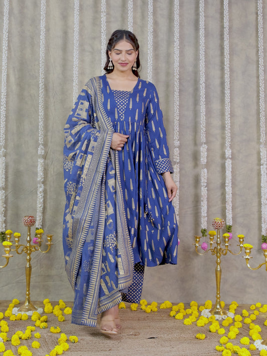 Viscose Gold foil Anarkali Blue Kurta