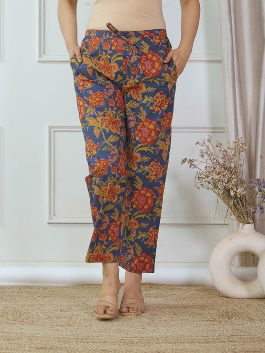 Soft Cotton Floral Navy Blue Tapered Tapered Trousers