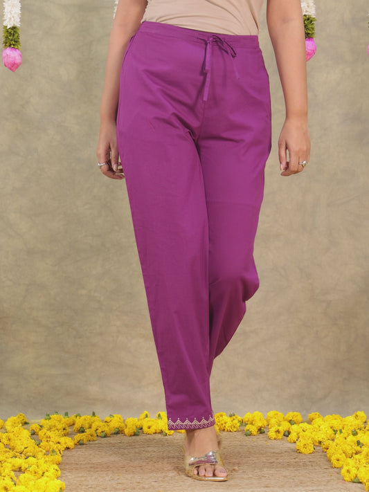 Soft Cotton Solid Purple Tapered Trousers