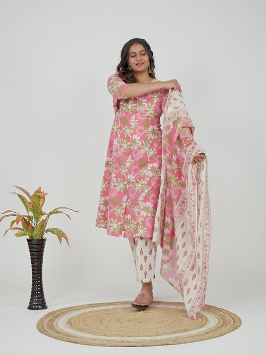 Soft Cotton Floral Flared Pink Kurta