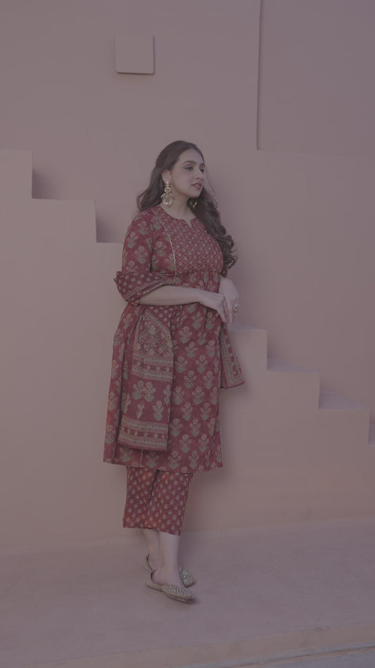 Embroidered Soft Cotton Butti Panelled Rust Kurta