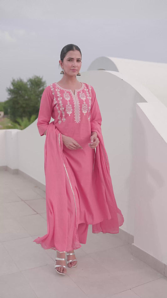 Embroidered Soft Cotton Solid A-line Coral Kurta