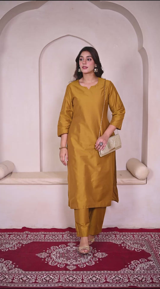 Blended silk Solid Straight Yellow Kurta