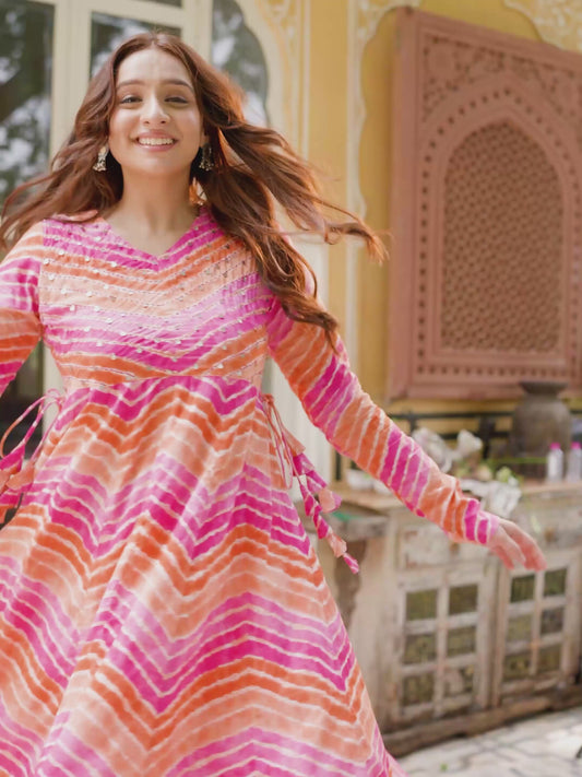 Embroidered Soft Cotton Striped Anarkali Multicolor Kurta