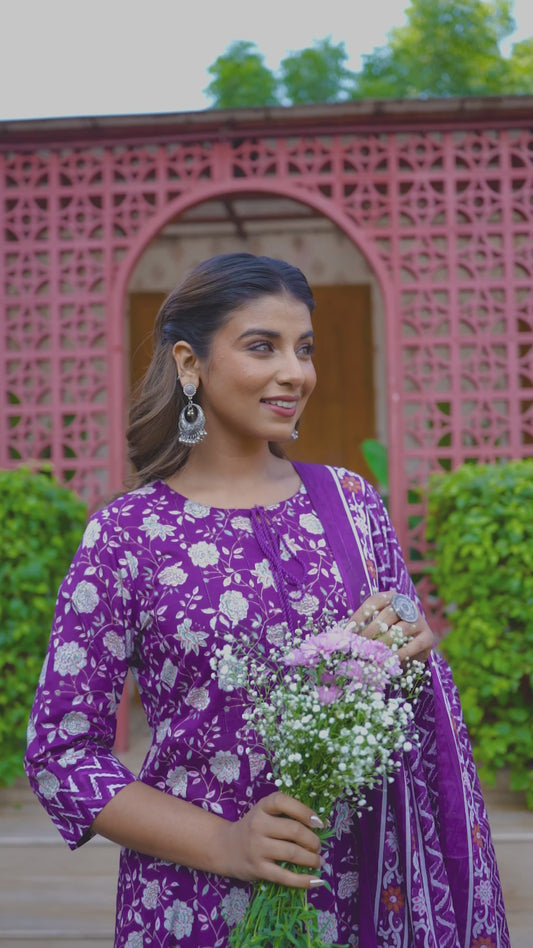 Soft Cotton Floral Flared Purple Kurta