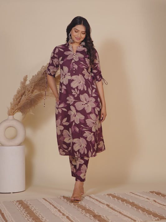 Linen Cotton Floral Straight Purple Kurta
