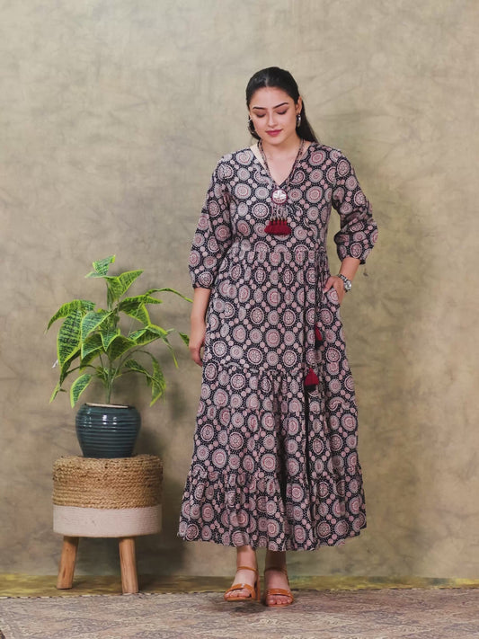 Kantha Cotton Ajrakh Anarkali Black Dress (With Necklace)