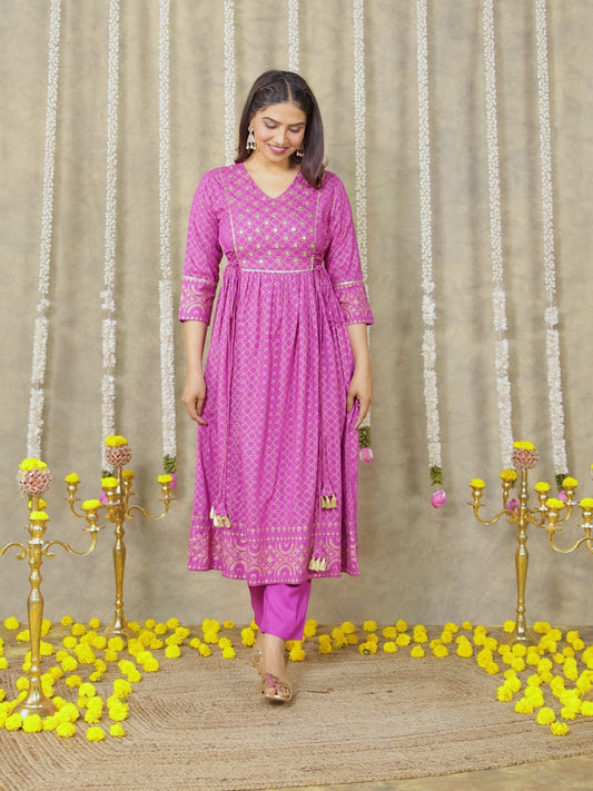 Embroidered Viscose Gold foil Flared Pink Kurta