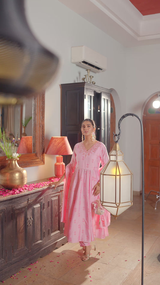 Embroidered Chanderi Ikat Anarkali Baby Pink Kurta
