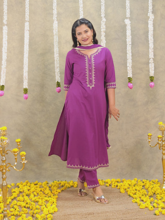 Embroidered Soft Cotton Solid A-line Purple Kurta