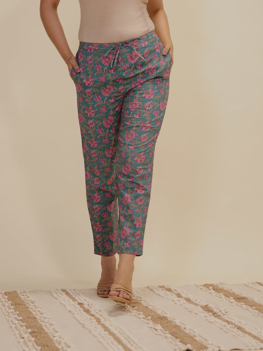 Soft Cotton Floral Green Tapered Trousers
