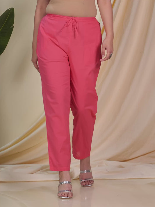 Soft Cotton Solid Pink Tapered Trousers