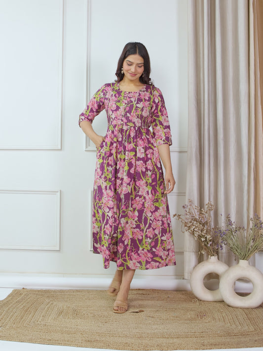 Soft Cotton Floral Flared Purple Kurta
