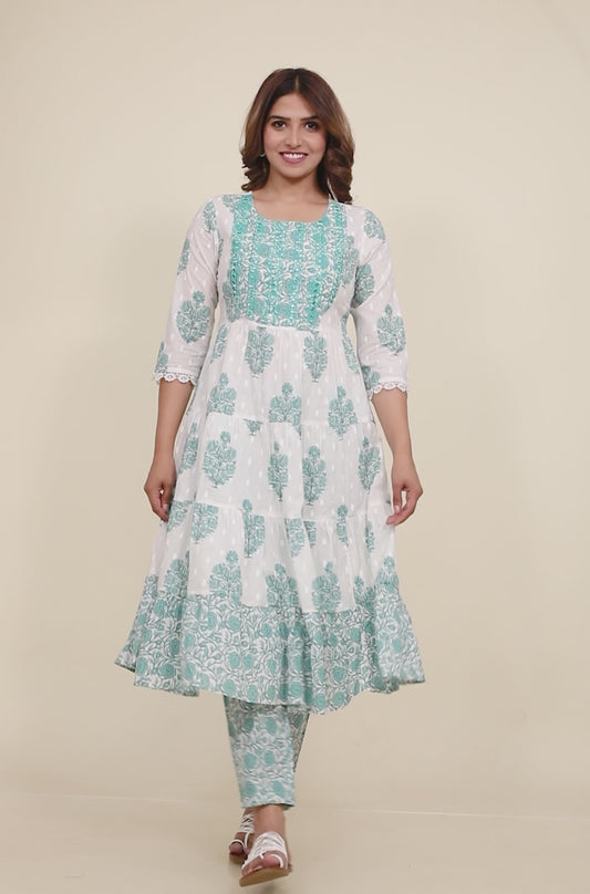 Soft Cotton Block Anarkali White Kurta