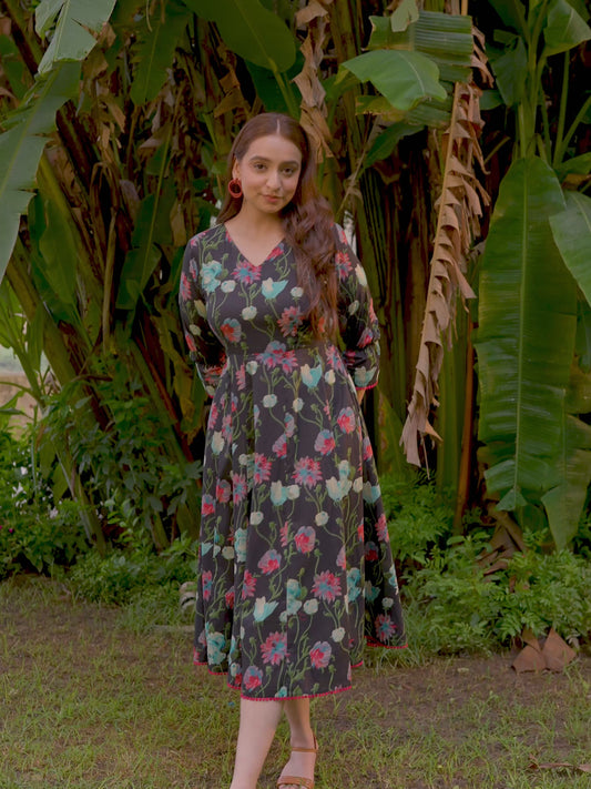 Soft Cotton Floral Flared Black Dress