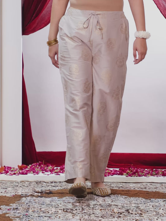 Chanderi Gold foil Beige Straight Trousers