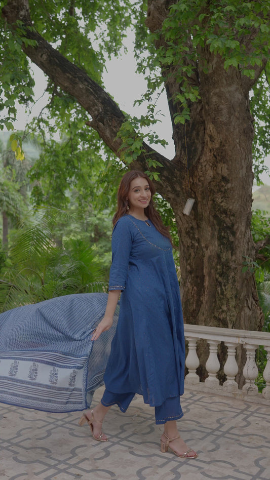 Embroidered Textured Cotton Woven Design Anarkali Blue Kurta