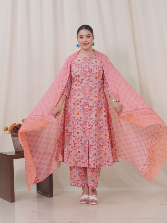 Soft Cotton Geometric A-line Peach Kurta
