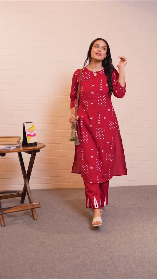 Soft Cotton Abstract Straight Red Kurta