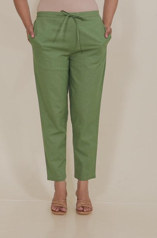 Natural Cotton Solid Green Tapered Trousers