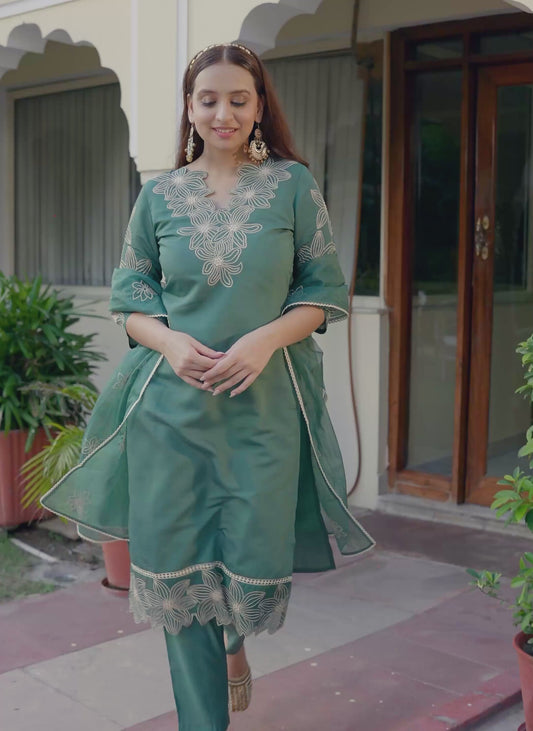 Embroidered Roman Silk Solid Green Kurta