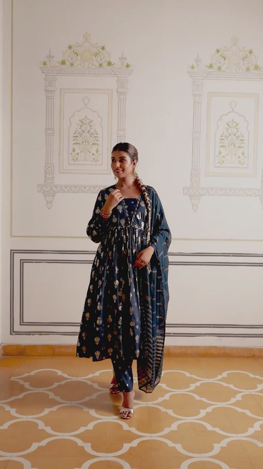 Chanderi Gold foil Anarkali Blue Kurta