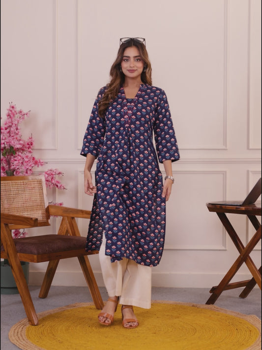 Embroidered Soft Cotton Butta Straight Blue Kurta